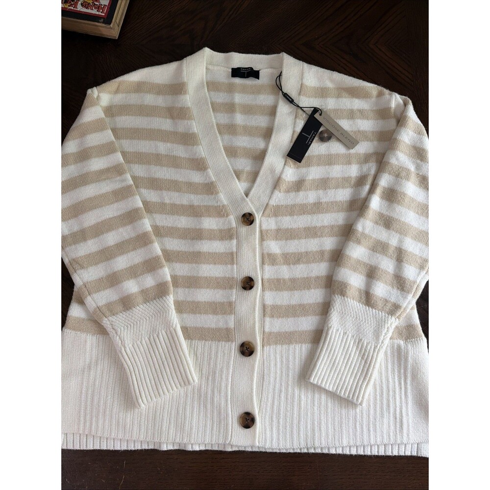 NWT Tahari Sweater Women's Medium M  Cardigan Sweater White/Beige Side Slit Hem